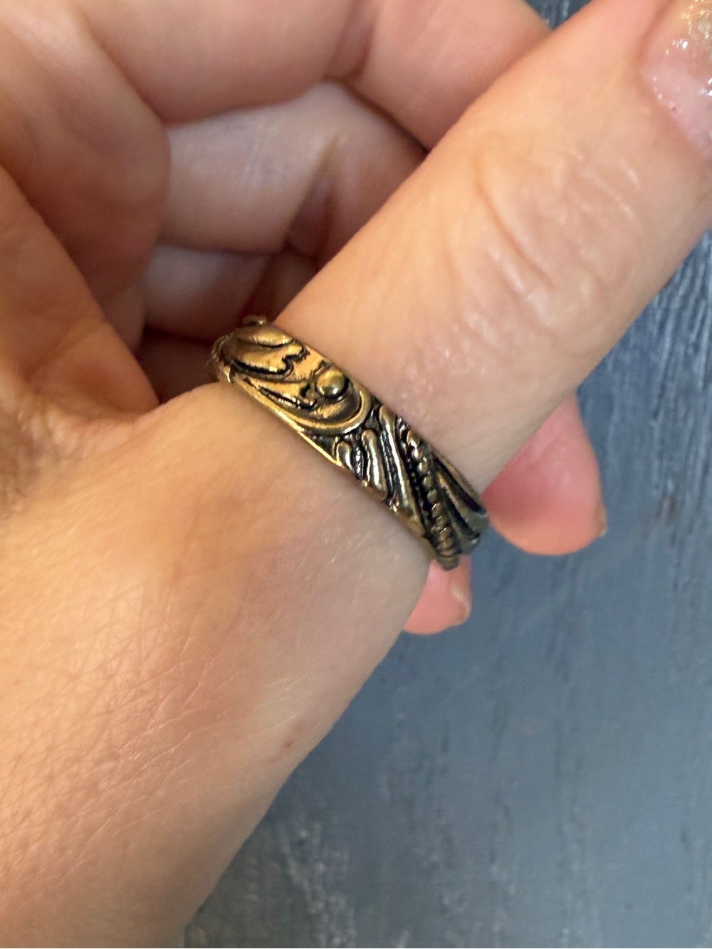 Antique-Style Carved Brass Ring in Aged Gold Tone